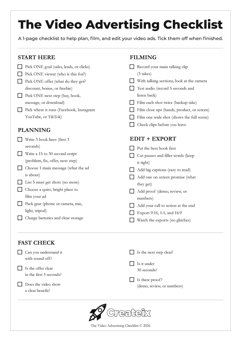 The Video Advertising Checklist: 33 tick boxes in 5 parts on one page