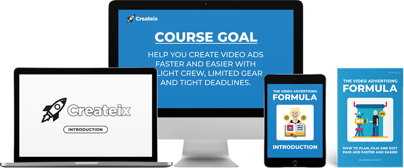 The Video Advertising Formula on a desktop, laptop and tablet, with the book