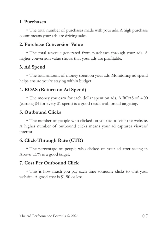 Book page listing the first 7 ad numbers to track