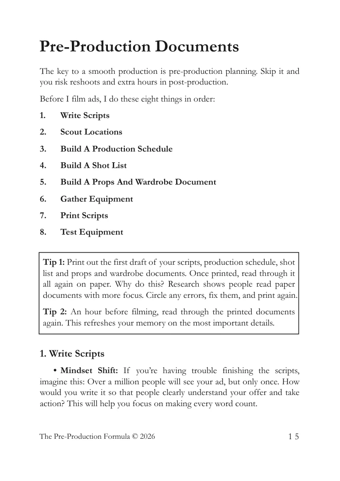 Book page listing the 8 pre-production steps